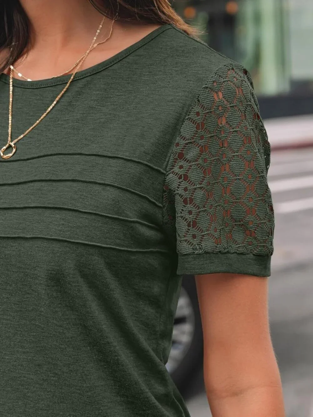 Women's T Shirt Green Short Sleeve Dressy Lace Summer Casual Work Outfit Blouses - Picture 5 of 5